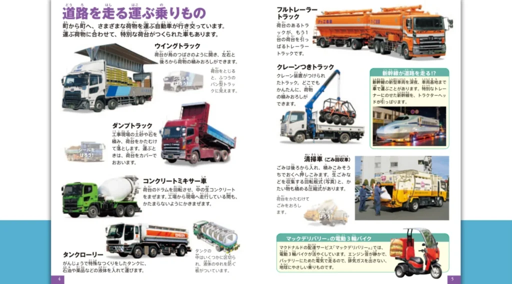 ミニ図鑑「乗りもの　運ぶ乗りもの　クイズ＆ゲームつき」内容1