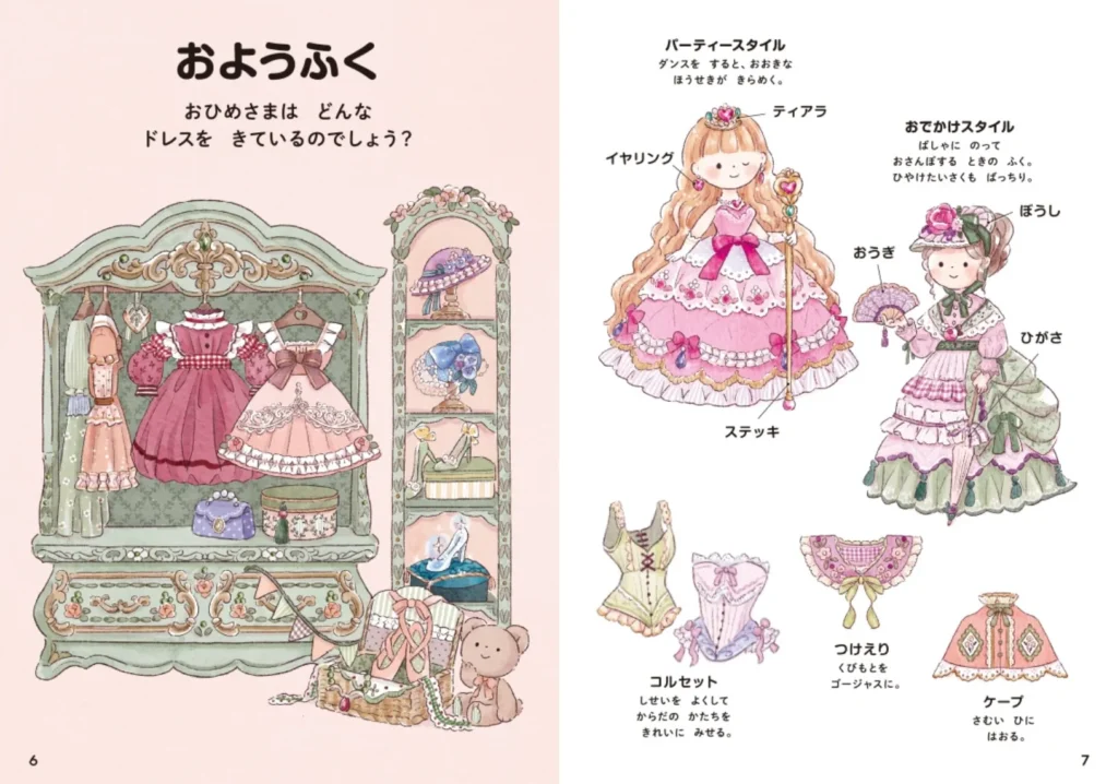 ミニ図鑑「学研のえほんずかん　おひめさまのずかん　きせかえシールつき」内容2